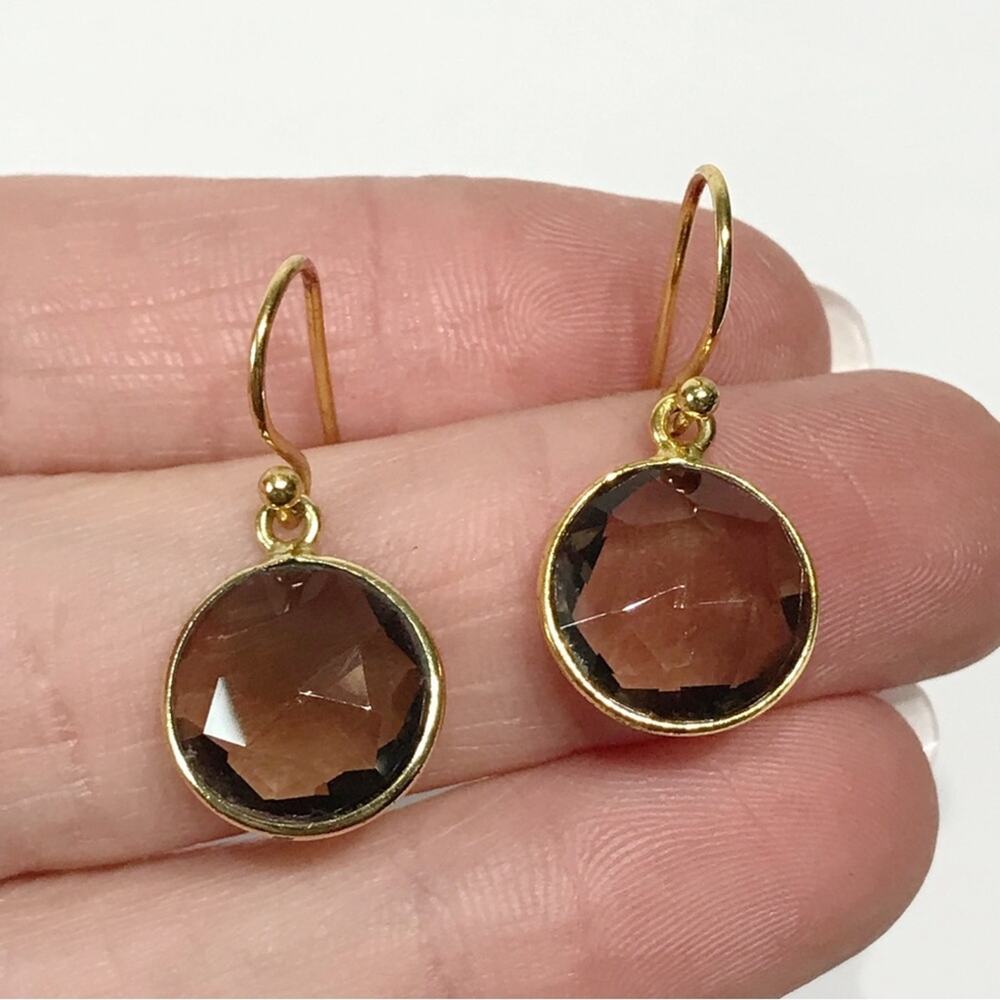 Signed JCM JACMEL Smoky Quartz 13mm Round Bezel Set Earring Gold Sterling Silver